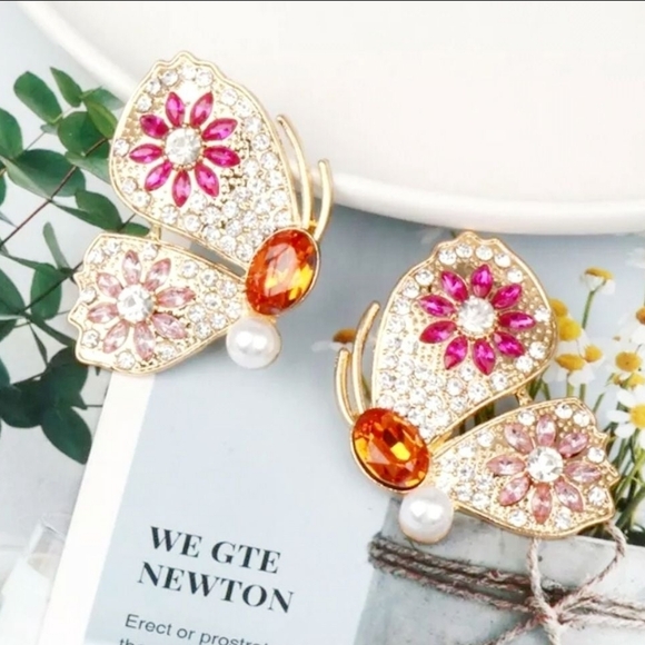 Large Retro Gold Plated Muticolor Crystal flower butterfly earrings - Picture 5 of 16